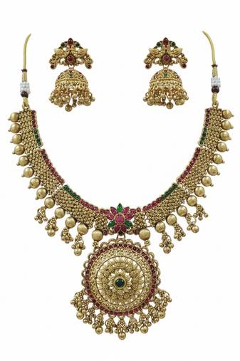 Traditional gold-plated temple necklace set with jhumka earrings for bridal & festive wear