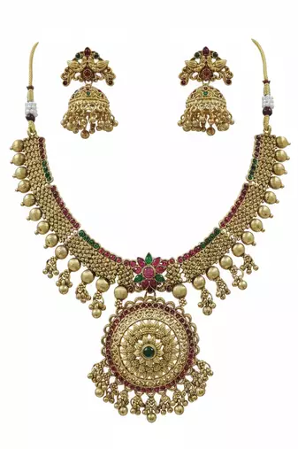 Traditional gold-plated temple necklace set with jhumka earrings for bridal & festive wear