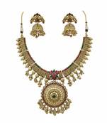 Traditional gold-plated temple necklace set with jhumka earrings for bridal & festive wear