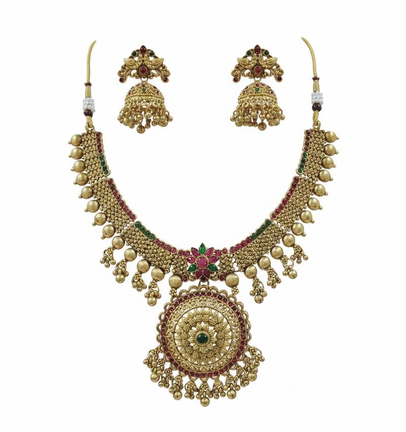 Traditional gold-plated temple necklace set with jhumka earrings for bridal & festive wear