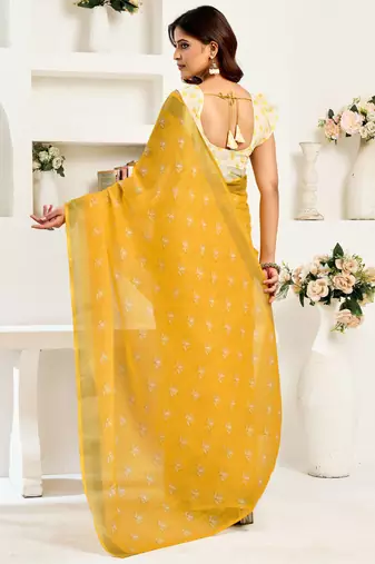 Yellow linen floral printed ready to wear saree