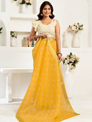 Yellow linen floral printed ready to wear saree 5