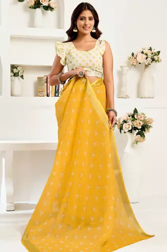 Yellow linen floral printed ready to wear saree