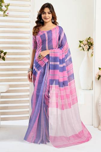 Pink & blue linen striped printed ready to wear saree