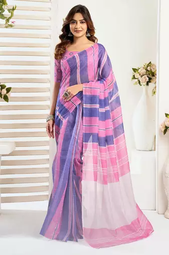 Pink & blue linen striped printed ready to wear saree