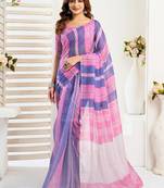 Pink & blue linen striped printed ready to wear saree