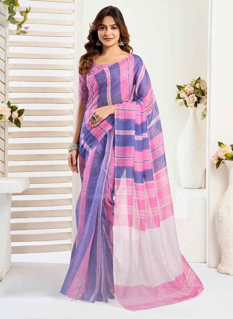 Pink & blue linen striped printed ready to wear saree