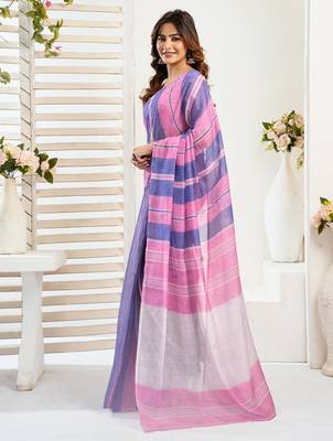 Pink & blue linen striped printed ready to wear saree 2