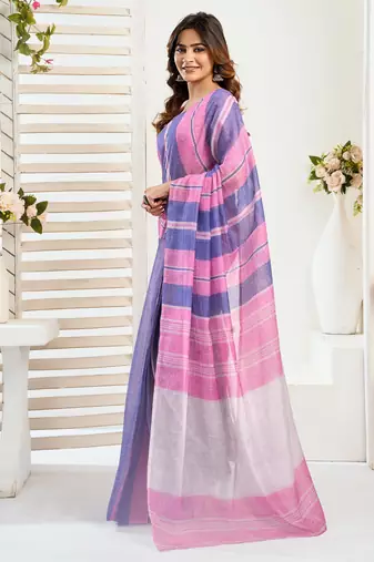 Pink & blue linen striped printed ready to wear saree