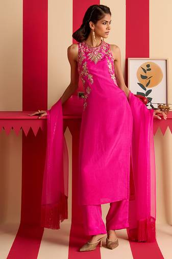 Pink embroidered silk kurta set