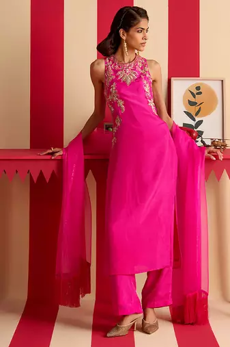 Pink embroidered silk kurta set