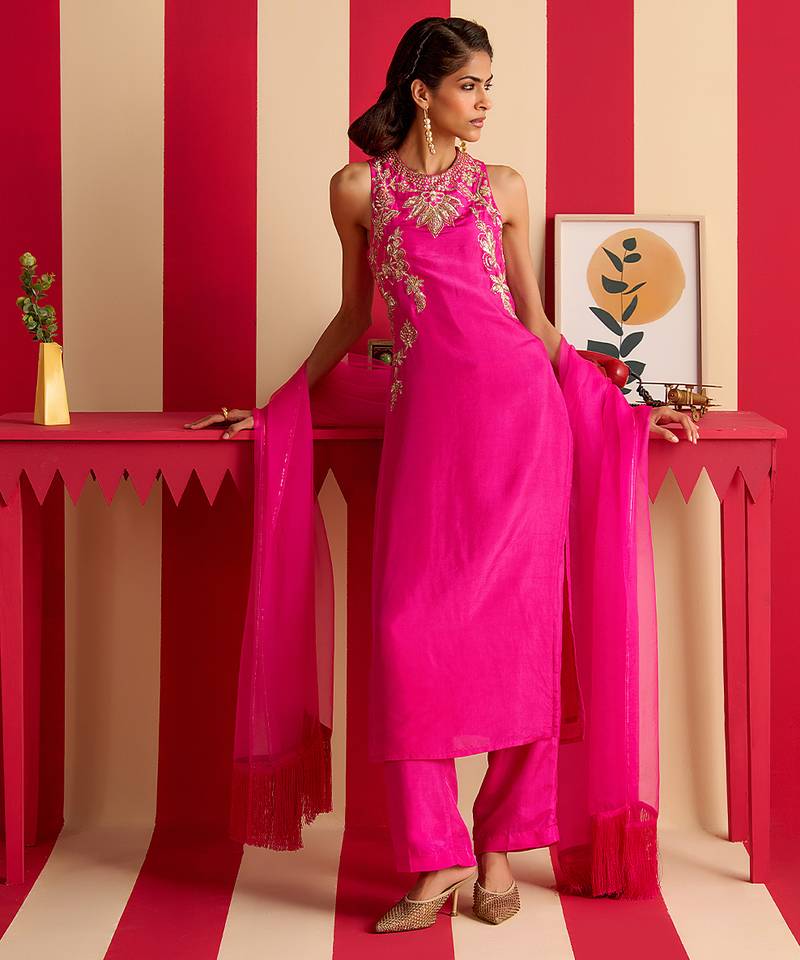 Pink embroidered silk kurta set