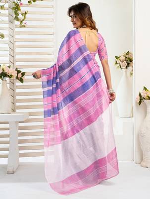 Pink & blue linen striped printed ready to wear saree 3