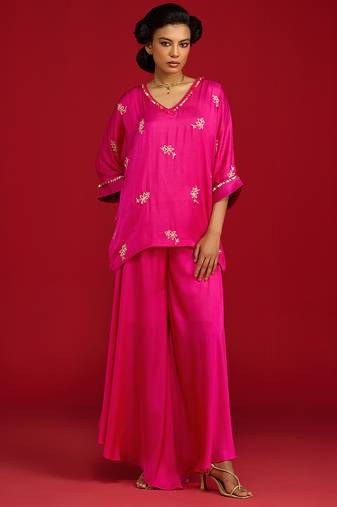 Pink embroidered satin kurta set