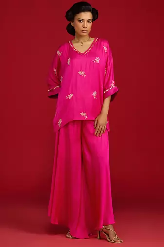 Pink embroidered satin kurta set