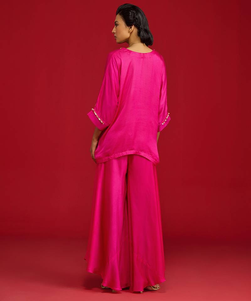 Pink embroidered satin kurta set
