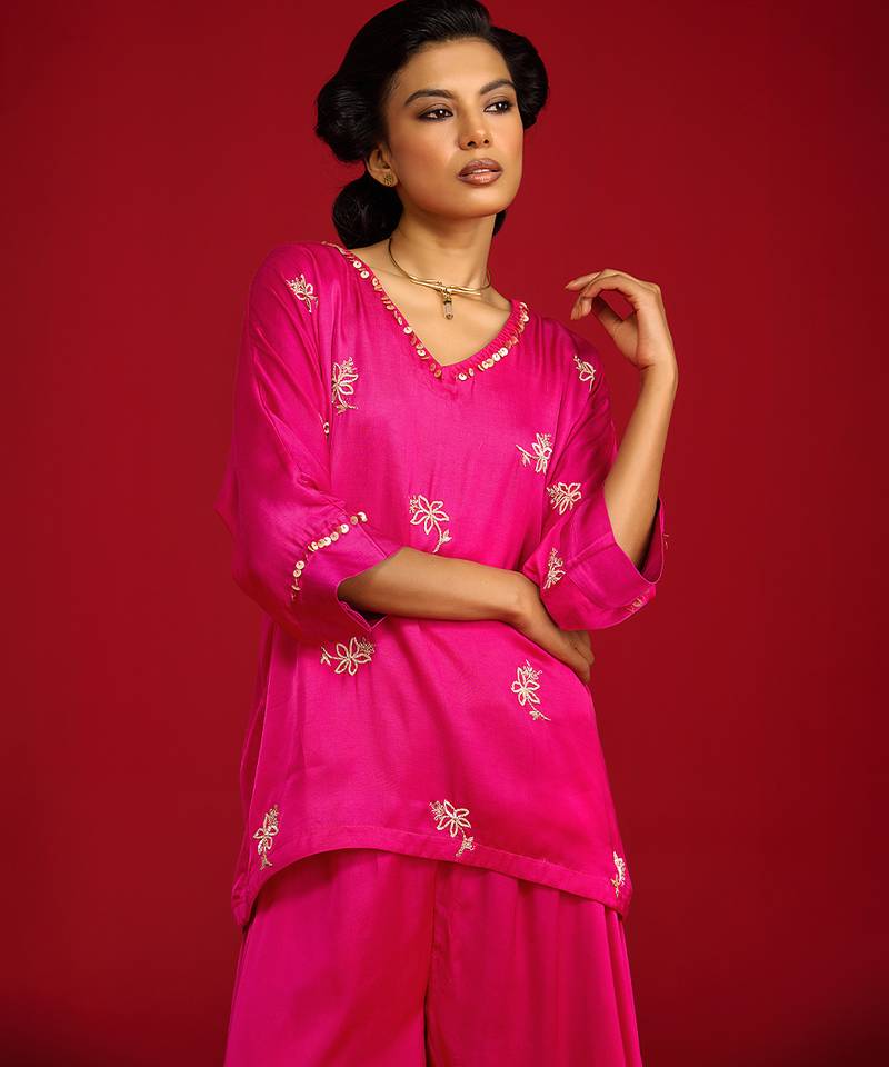 Pink embroidered satin kurta set