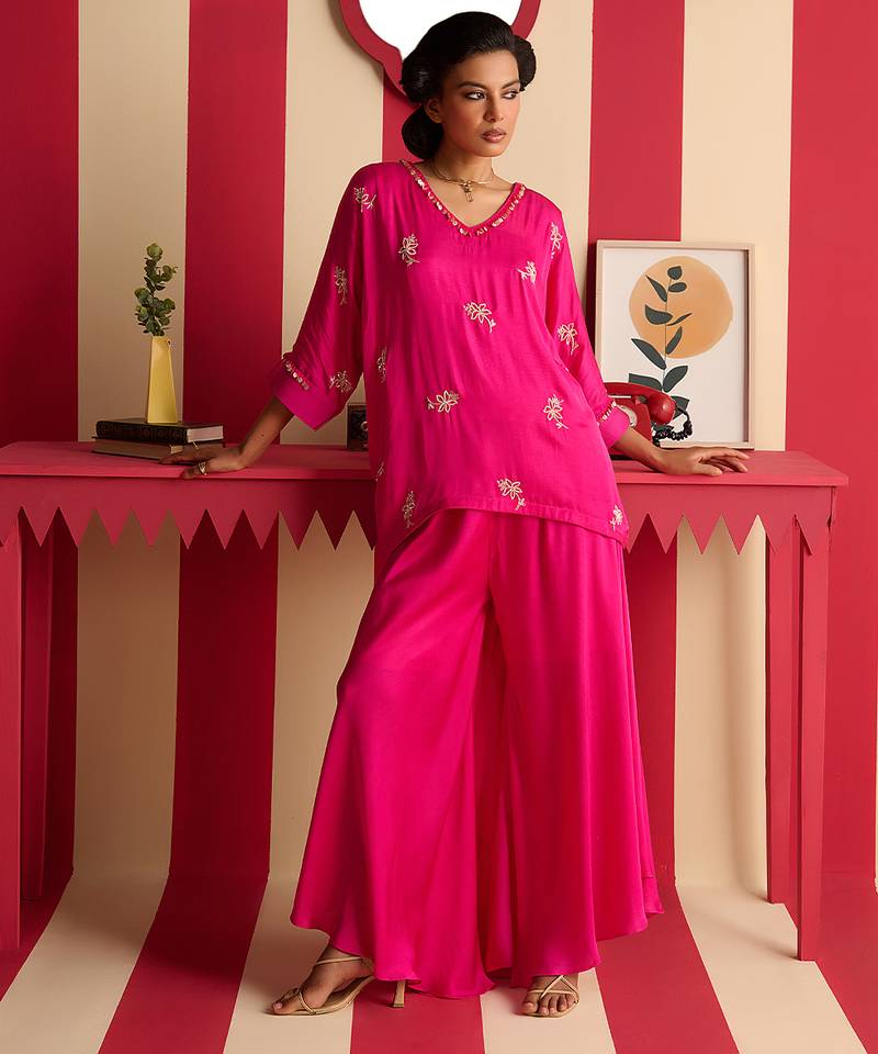 Pink embroidered satin kurta set