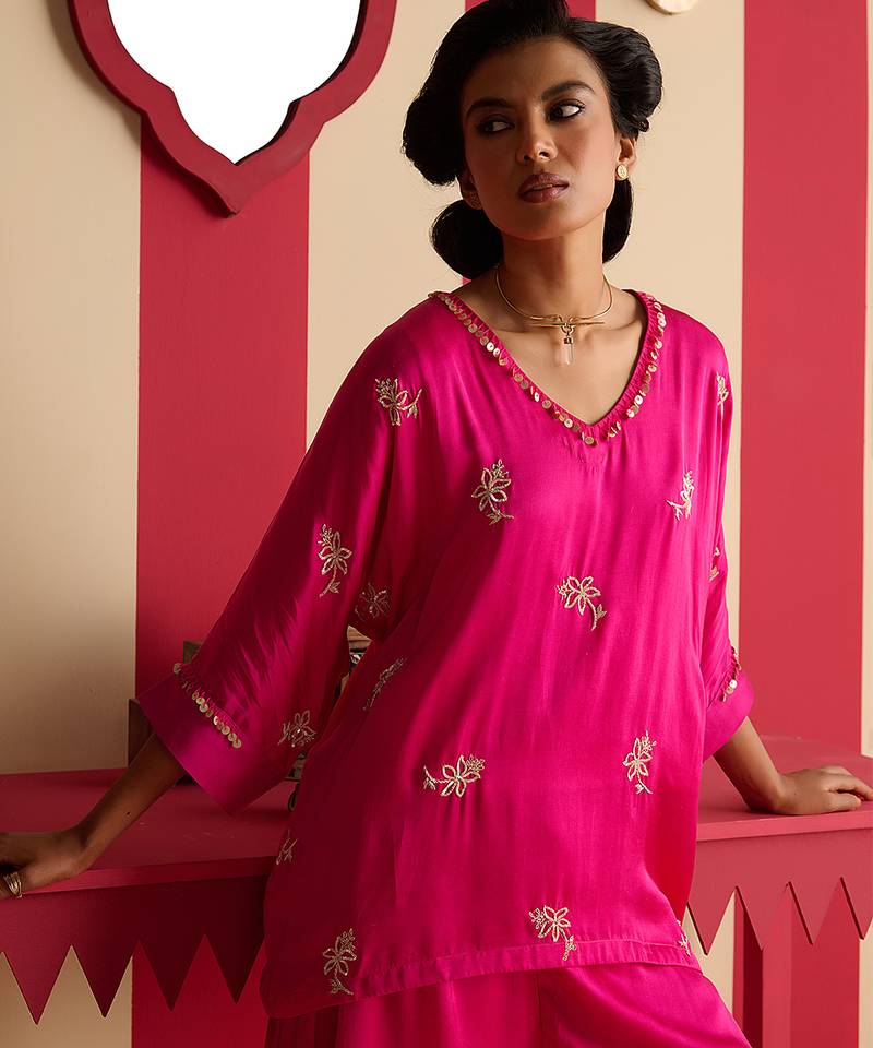 Pink embroidered satin kurta set