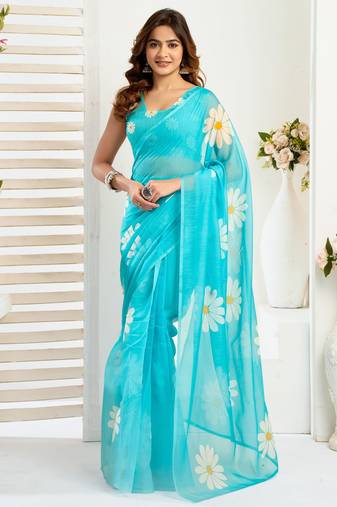 Aqua blue linen floral printed ready to wear saree