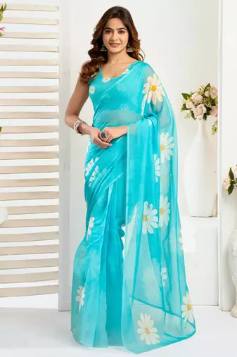 Aqua blue linen floral printed ready to wear saree