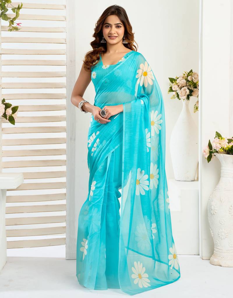 Aqua blue linen floral printed ready to wear saree