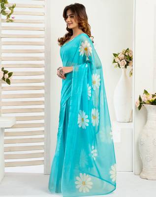 Aqua blue linen floral printed ready to wear saree 2