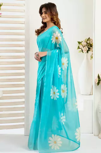 Aqua blue linen floral printed ready to wear saree