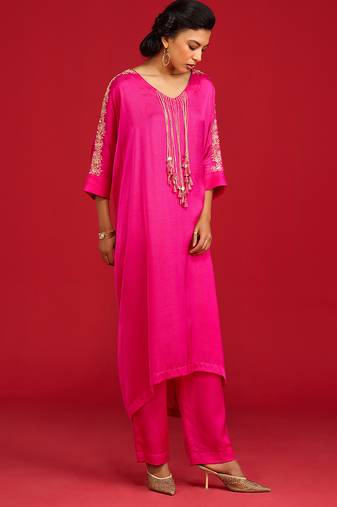 Pink embroidered satin kurta set