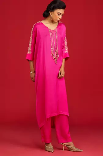 Pink embroidered satin kurta set
