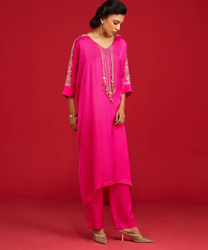 Pink embroidered satin kurta set