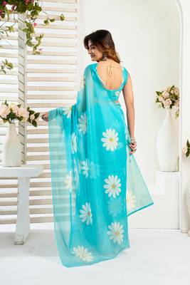 Aqua blue linen floral printed ready to wear saree 3