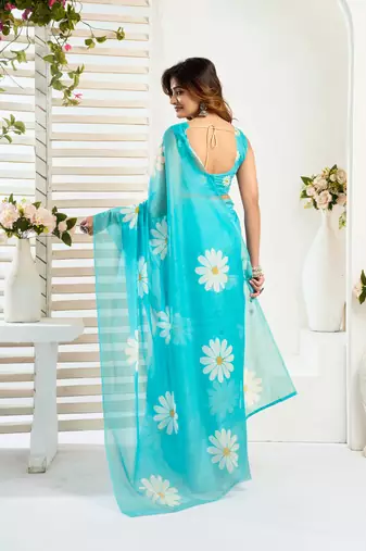 Aqua blue linen floral printed ready to wear saree
