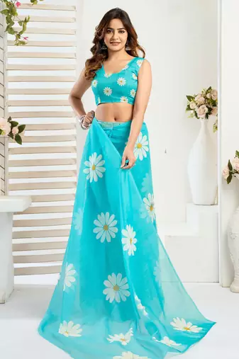 Aqua blue linen floral printed ready to wear saree