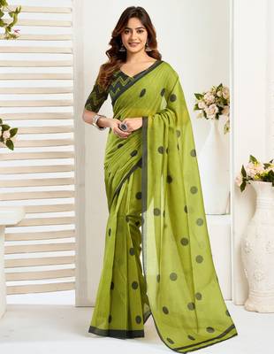 Lime green linen polka dot printed ready to wear saree 1