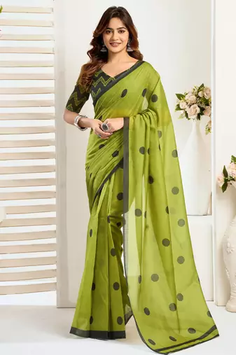 Lime green linen polka dot printed ready to wear saree