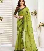 Lime green linen polka dot printed ready to wear saree