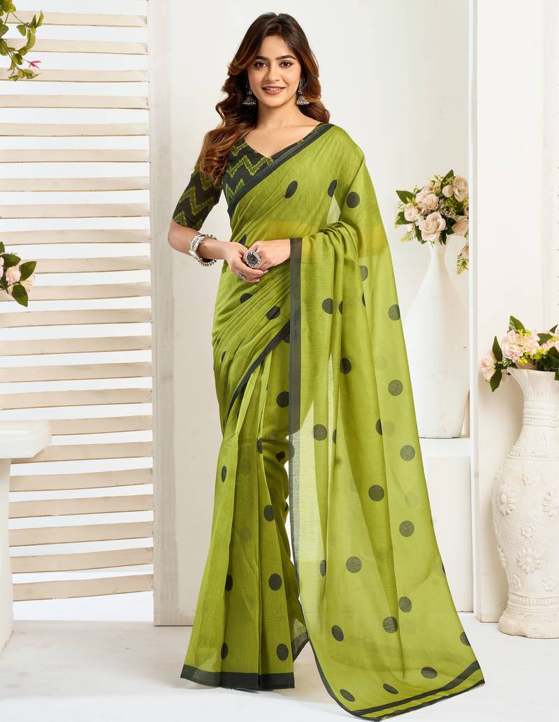 Lime green linen polka dot printed ready to wear saree