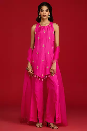 Pink embroidered silk kurta set