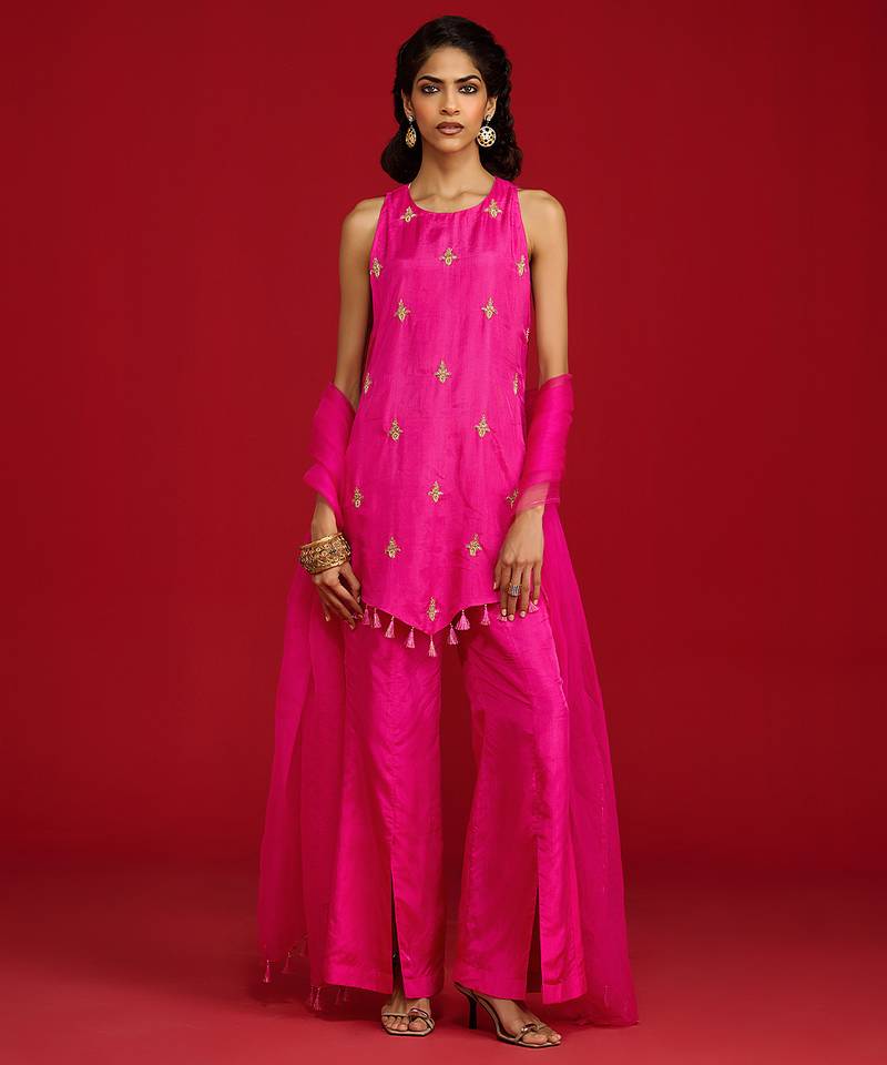 Pink embroidered silk kurta set