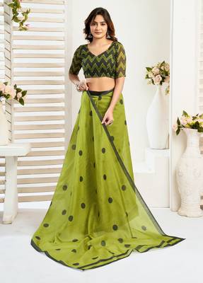 Lime green linen polka dot printed ready to wear saree 4