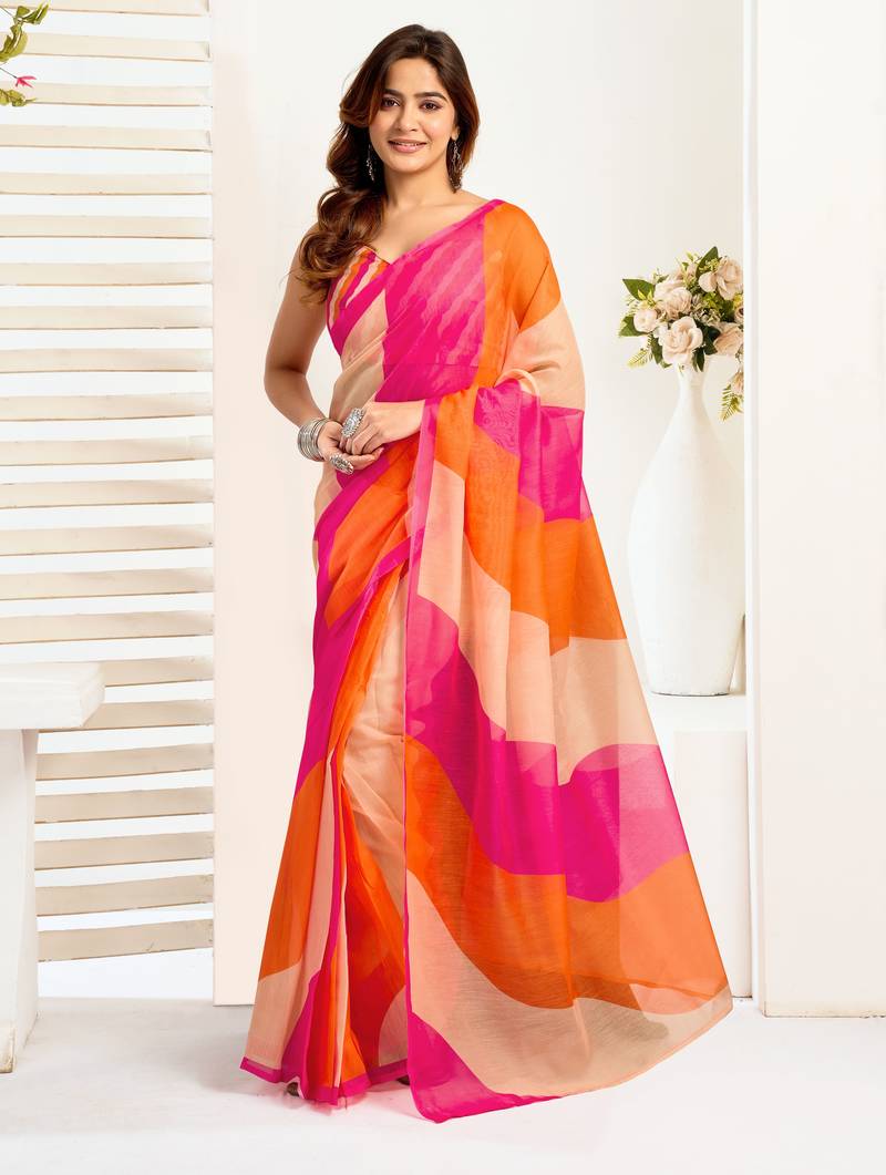 Multicolor linen color blocked printed ready to wear saree