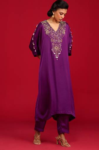 Purple embroidered satin kurta set