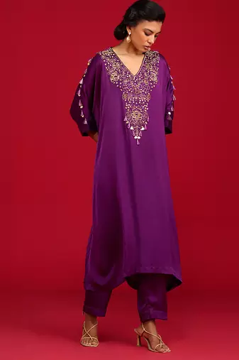 Purple embroidered satin kurta set