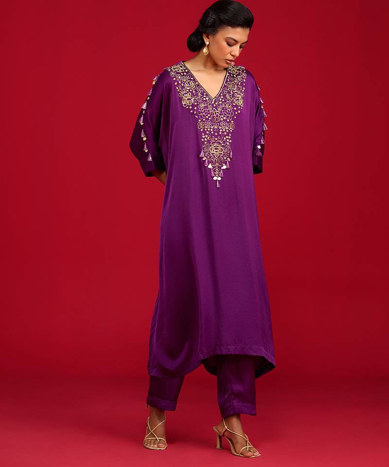 Purple embroidered satin kurta set