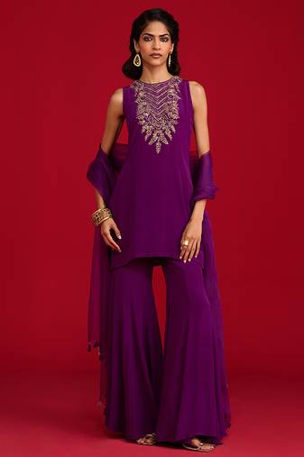 Purple embroidered crepe sharara set