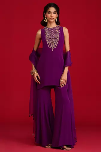 Purple embroidered crepe sharara set