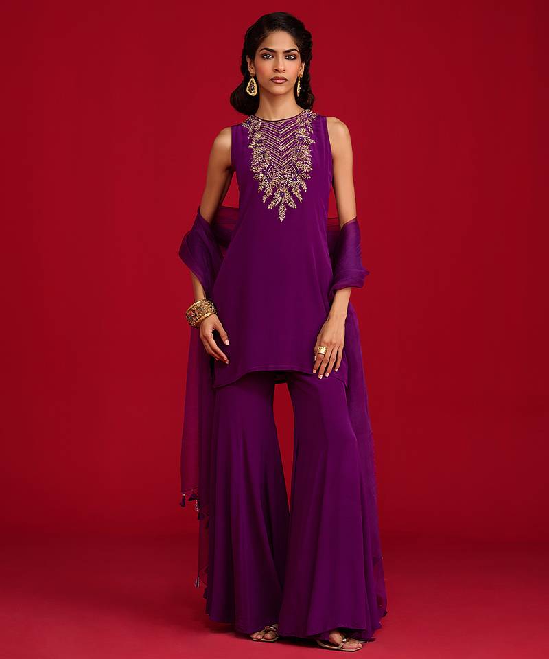 Purple embroidered crepe sharara set
