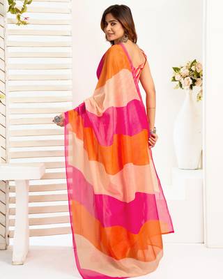 Multicolor linen color blocked printed ready to wear saree 3