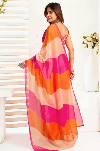 Multicolor linen color blocked printed ready to wear saree